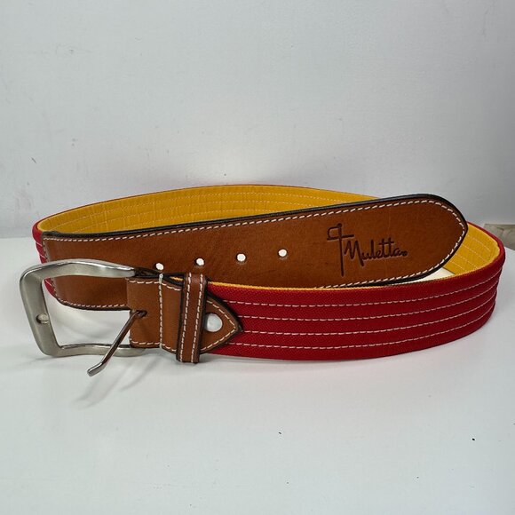 Muletta Men 34 Red Yellow Canvas Brown Leather Belt - Picture 1 of 6